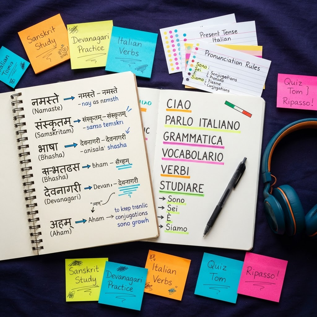 Cuadernos con escritura en sánscrito e italiano, notas de colores y auriculares sobre fondo índigo