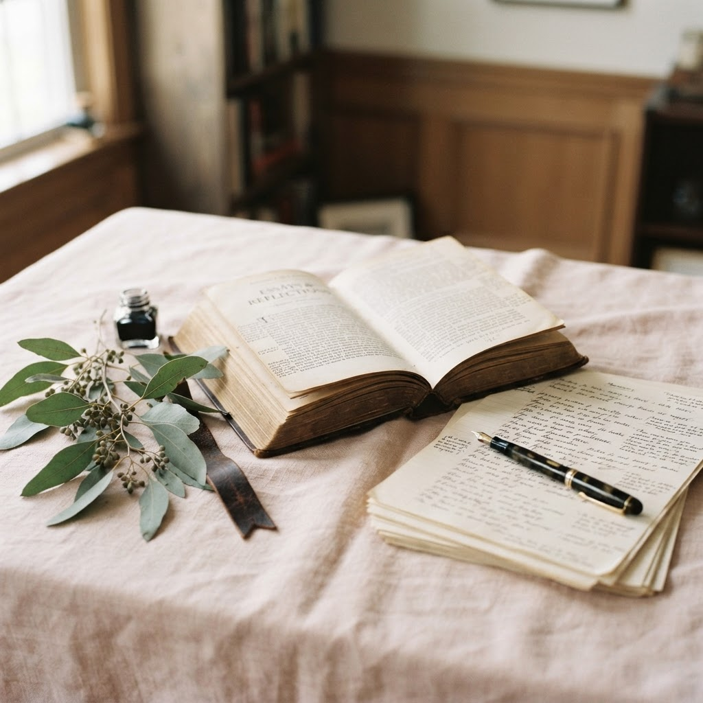 Libro clásico abierto junto a un manuscrito con anotaciones a mano y una pluma sobre tela color crema